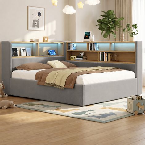 Lit banquette rembourré 140x190 cm avec coffre hydraulique, LED, USB et USB-C, rangements intégrés, sommier à lattes, velours, gris (1/5)