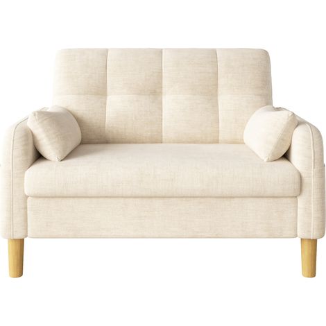 Sofá de 2 plazas en chenilla beige con 2 cojines, bolsillo lateral y respaldo alto (1/5)