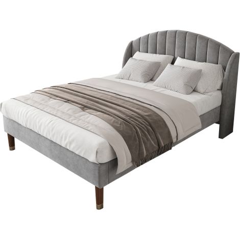 Lit rembourré 140X200 avec sommier à lattes et tête de lit, lit pour adolescents, pour adultes & adolescents, support de lattes en bois, montage facile, velours, gris (1/5)