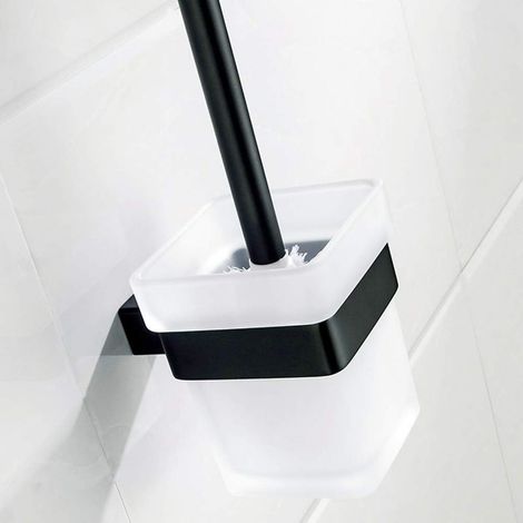 Porte Brosse Toilettes et Support en Verre Brosse à Toilette Murale en Acier Inoxydable 304 Finition satinée Noire pour Salle de Bains(Brosse Inclus) (1/4)