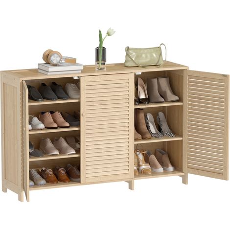 HOMCOM Bamboo Shoe Cabinet with Louvered Doors 18 Pairs Shoe Storage Cabinet
