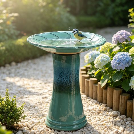 Bain d'oiseaux en céramique artisanale avec bassin en relief à motif de feuilles ondulées, Ø 43 cm, hauteur 45 cm, émail turquoise dégradé brillant, résistant au gel et aux intempéries, pour jardin et (1/4)