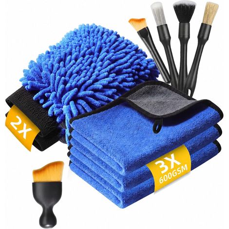 Kit Nettoyage Voiture Intérieur Extérieur, 10 Pièces avec Chiffons Microfibre 600 GSM, Gants Chenille Microfibre et Pinceaux Detailing Auto pour Lavage Auto, Jantes, Tableau de Bord (1/5)