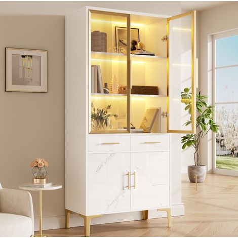 Vitrine haute avec LED APP, 2 portes vitrées, 2 tiroirs et rangement, 75x38x170 cm, blanc brillant (1/5)
