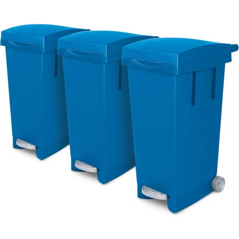 BRB Set, 3x 80 Liter Abfallbehälter mit Rollen, blau, Fußpedal, selbstschließender Deckel, Klemmring für Müllsäcke