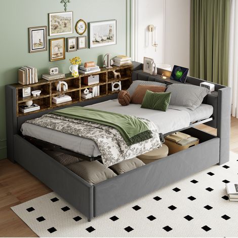 Lit coffre 140x200 velours avec USB et rangement HAVRYA (1/5)