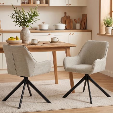 Lot de 2 chaises de salle à manger beiges pivotantes à 360° avec accoudoirs et structure en métal (1/5)