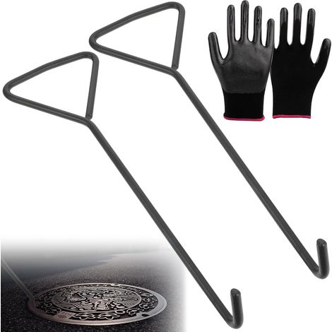 Lot de 2 crochets de 25 cm pour couvercle d'égout avec gants, couvercle de regard avec poignée triangulaire, lève-couvercle de regard et crochets pour couvercle d'égout, portes de volets roulants (1/5)