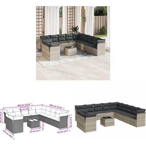 vidaXL Salon de jardin avec coussins 12 pcs gris clair résine tressée (1/3)
