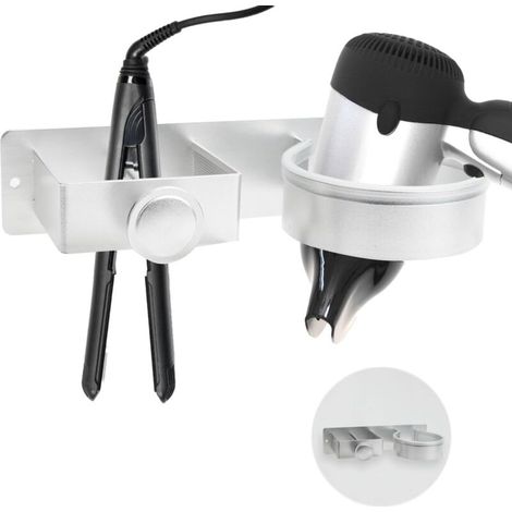 Support pour sèche-cheveux sans perçage, avec fixation adhésive et vis, couleur argent