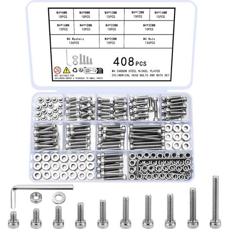 408 Pièces Kit Vis et écrous M4, Acier carbone plaqué nickel, Tête hexagonale creuse, Pour meubles vélos électronique (1/5)
