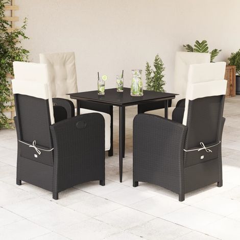 Ensemble de Jardin 5 Places Table et 4 Chaises inclinables en Résine Tressée Noir Coussins Épais Crème et Plateau Verre 80x80x74 cm (1/5)