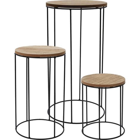 Holz Blumenhocker rund 3er Set - Ø 16 / 18 / 21 cm - Pflanzenständer mit Metall Gestell - Blumensäule Pflanzentreppe Deko Ständer Beistelltisch