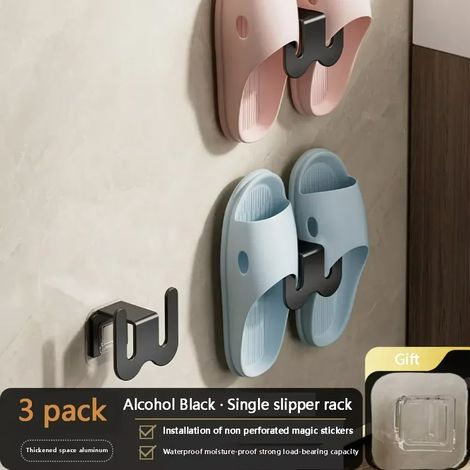 (Noir - Lot de 3) Étagère à chaussures simple, non perforée, à fixer à la porte de salle de bain avec système d'évacuation d'eau au dos et crochet mural. (1/5)