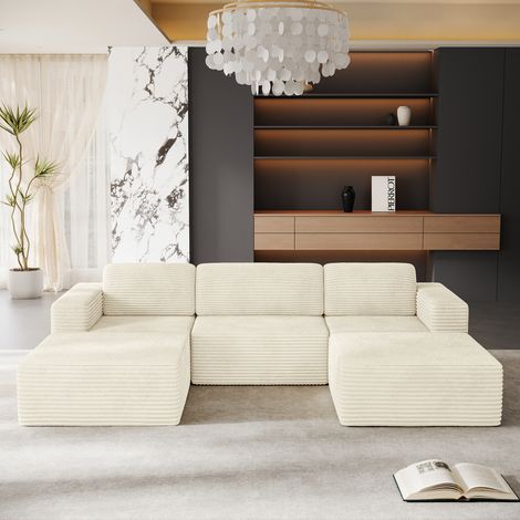 Canapé Modulaire 3 Places Compressé en U,Velours Côtelé,2 Pouf,Sans Assemblage,Pour Salon,303x202x82cm,Beige