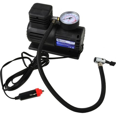 Mini compresor de aire Geko G01115, compacto, color negro, ideal para inflar neumáticos y otros equipos pequeños, portátil y eficiente