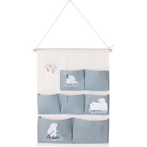 Sac mural bleu ours à 7 poches motif cartoon mignon, organisateur de rangement pour pinceaux maquillage et cosmétiques (1/5)
