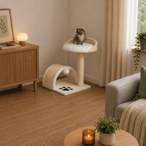 belviona Katzenkratzbaum, platzsparender Kratzbaum mit Sisal-Kratzflächen, Spielzeug & Ruheplattform, beige/weiß (1/4)