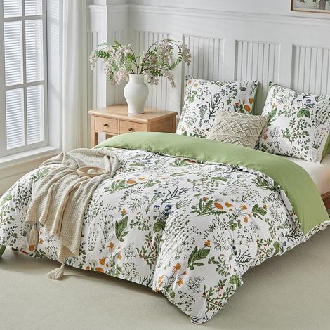 Bettwäsche 200x220 cm 3-teilig Mikrofaser mit Reißverschluss, Garten Blumen Design Grün