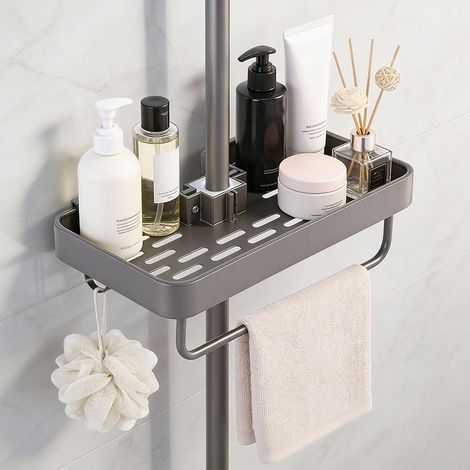 Étagère de Douche Sans Perçage, Étagère de Douche en Aluminium avec 2 Crochets, Etagère de Rangement de Salle de Bain pour Barre de Douche de 18 mm à 25 mm, Accessoire Salle de Bain (1/5)