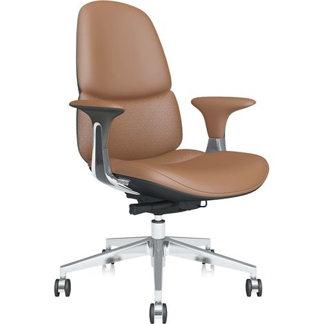Fauteuil de bureau en cuir marron, réglable avec inclinaison verrouillable, vérin à gaz, piètement 5 branches en aluminium, roulettes silencieuses – CHICFURN (1/5)