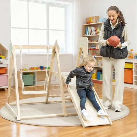 Parco giochi interno per bambini 140x72,5x116,5 cm in legno naturale pieghevole – MEUBLIV (1/5)