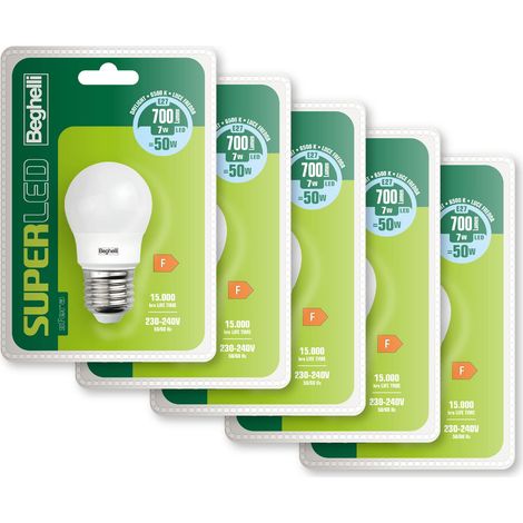 Beghelli - Lampadina LED E27 7W Luce Fredda, 700lm, 6500K, Pacco da 5, Lampadine Sfera Efficienti, Facili da Installare, Adatte per Interni, Durata 15000 Ore, Gruppo Colore: LED