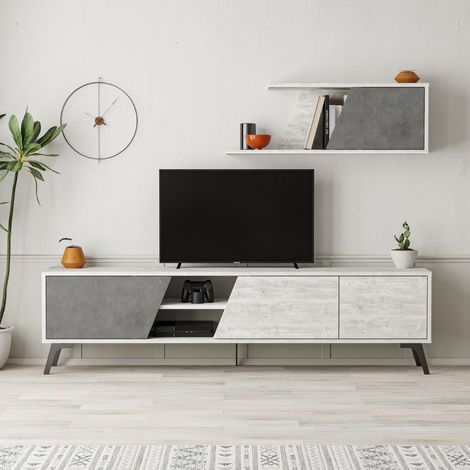 (3c) Porta TV Fiona Bianco Vintage con Anta Retro Grey e Mensola H 48 x P 35,60 x L 180 cm (1/5)