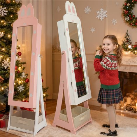 Rosa MDF-Schrank mit Hasenmotiv und Sprühlackierung, 1 Tür und 1 Schublade, Schmuck- und Spiegelschrank für Kinder