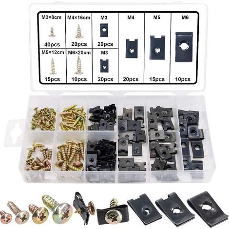 Agrafes Carrosserie 170pcs Assortiment de Vis et d'ecrou Cage U-clip Voiture pour Motos, Scooters, Quads, Voitures Anciennes, Tondeuses à Gazon, Tracteurs (1/5)