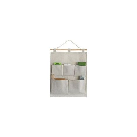 Organizer da appendere in tessuto di lino/cotone con 5 tasche a muro, 35 cm L x 45 cm H (5 tasche - Beige/Bianco) - Crezuo
