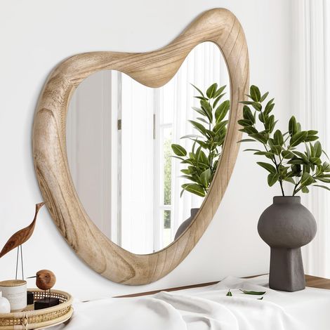 Miroir mural irrégulier, miroirs asymétriques, grand miroir de courtoisie unique encadré pour salle de bain, miroirs irréguliers pour chambre à coucher, salon, entrée, 50 x 40 cm, bois brut (1/5)
