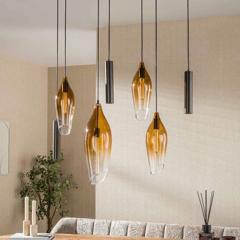 Suspension 7 lampes 105x30x150 cm en verre fumé brun et bronze - KOTZY