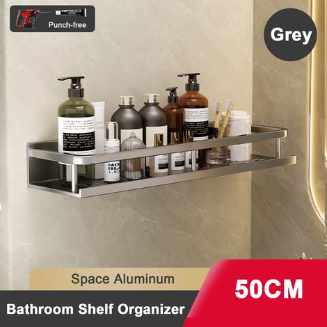 Étagère de salle de bain sans perçage (50 cm, gris) - Fixation murale en aluminium - Organisateur mural pour salle de bain (1/5)
