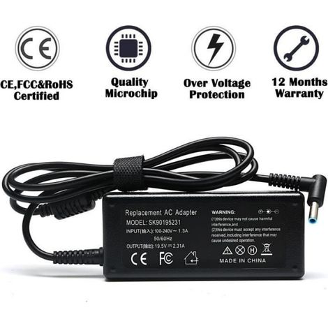1 Chargeur 45W, 19,5V 2,31A, connecteur 4,5 mm x 3,0 mm, chargeur pour ordinateur portable (1/4)