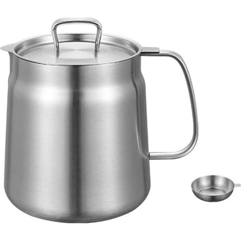 Pot à huile et graisseur 2 L en acier inoxydable avec passoire alimentaire intégrée pour filtrer et stocker l'huile. (1/5)