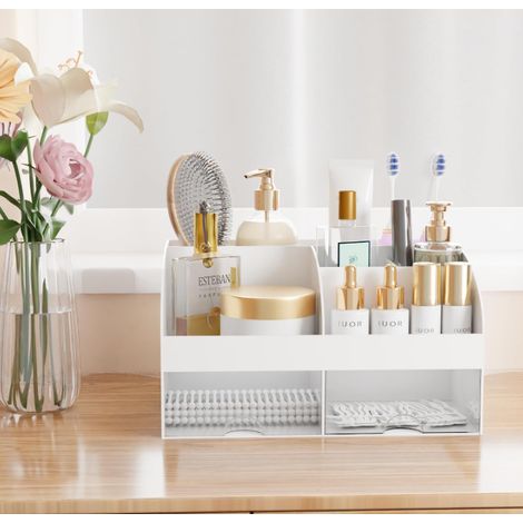 Lot de 2 boîtes de rangement cosmétiques blanches avec tiroirs et autocollants gratuits, range pinceaux, rouges à lèvres et soins, pour coiffeuse et plan de travail de salle de bain (1/5)
