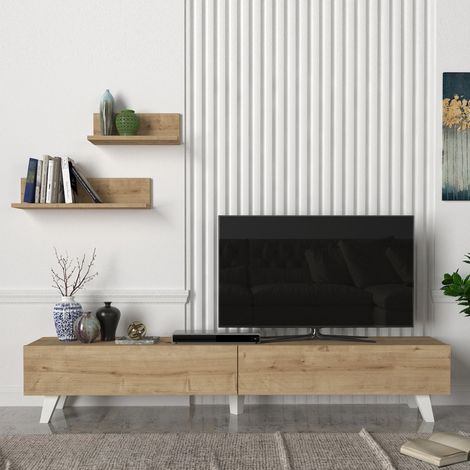 Set di Mobile TV e 2 Mensole da Muro Armadietto Porta TV 180 cm con 2 Ante a Ribalta e Mensole a Forma di L Lunghezze Diverse - Effetto Rovere [en.casa] (1/5)