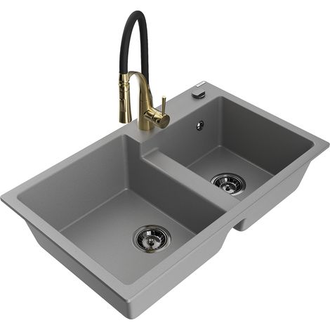 Mexen Tomas fregadero de cocina de granito de 2 senos con grifo Aster, gris - 6516-71-73450-57-B (1/5)