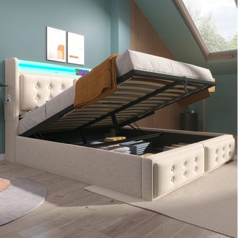 Cama tapizada 140x200 cm moderna con cabecero USB-C y enchufes, LED, arcón elevable, beige, madera y metal (1/5)