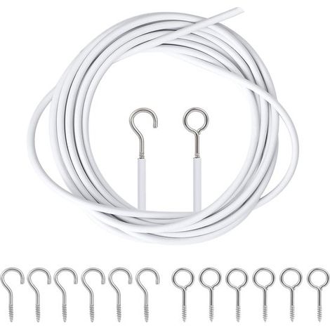 Cavo a spirale in acciaio per tende - 10 metri - Set completo di fori per viti, ganci e molla di tensione - Per aste per tende e tende da doccia (1/5)