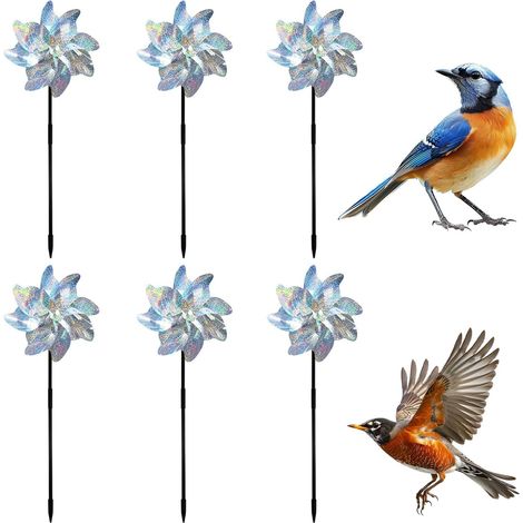 Lot de 6 moulinets réfléchissants anti-oiseaux, épouvantails argentés pour jardins, fenêtres et fermes. (1/5)