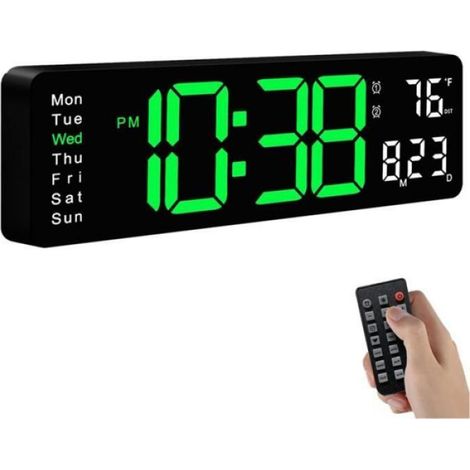 Horloge Murale Numérique - Ecran LED 39 cm - Affichage Heure Température Date Jour - Télécommande 10 m - Veilleuse RVB 8 Couleurs - Alimentation Secteur + Piles AAA (1/5)
