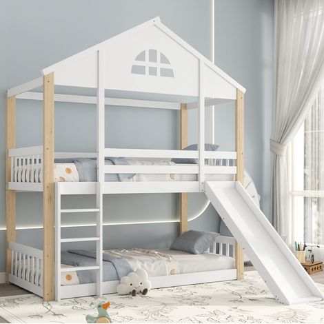 Letto a castello bambini 90x200 cm con finestra, scala a tre gradini, scivolo e tetto, con sponda di sicurezza, senza materasso, bianco e naturale (1/5)