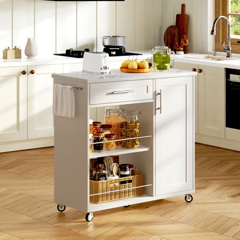 Carro de cocina 90/62/90 cm blanco con tablero efecto mármol y ruedas con freno (1/5)