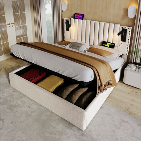 Polsterbett Baumwolle Beige 180x200 cm mit Bettkasten, Lattenrost, USB/USB-C und Leselicht (1/5)