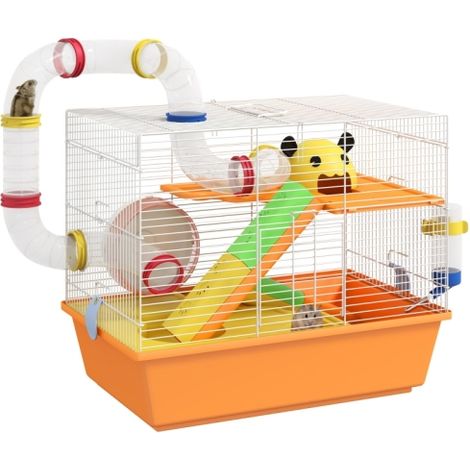 3-Tier Gerbil and Hamster Cage with Tubes,Exercise Wheel,Ladder,and Handle-Orange 45x28x37cm (1/5)