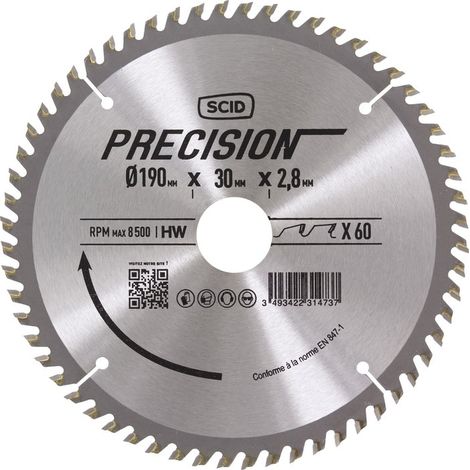 Lame de scie circulaire au carbure 190mm – 60 dents – Alésage 30mm – Épaisseur 2,8mm – Pour bois dur et métal – Scid