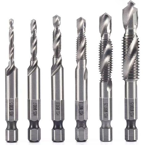 Lot de 6 Forets Taraudeurs Combinés M3 M4 M5 M6 M8 M10 avec Tige Hexagonale 6 mm, Kit Taraudage, Taraud Machine, Revêtement Antirouille, pour Perçage et Taraudage Simultané, Outils Multifonction