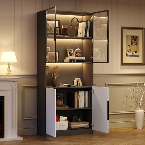 Vitrine 80x30x200cm élégante avec portes en verre LED réglable panneau de particules blanc noir (1/5)